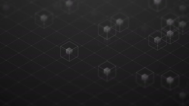 抽象的な 等尺性仮想ワイヤ フレーム ボックスと青キューブコア正方形メッシュ パターン図では 黒の背景 シームレスなループ アニメーション Blockchain 技術コンセプト — ストック動画