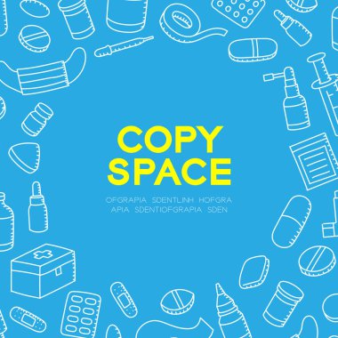 Tıp ve ekipman çocuklar çizim set desen arka plan illüstrasyon beyaz rengi mavi arka plan, merkezi kopya alanı daire şeklinde izole el