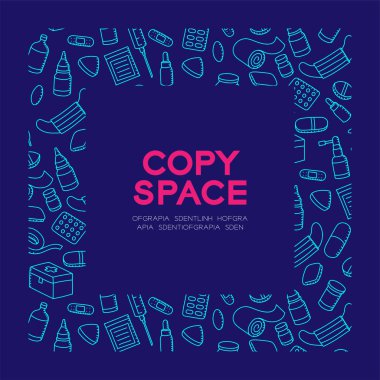 Tıp ve ekipman çocuklar çizim set desen arka planda kare çerçeve illüstrasyon koyu mavi renk zemin, merkezi kopya alanı üzerine izole el