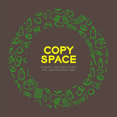 Tıp ve ekipman çocuklar çizim set desen arka planda daire kare illüstrasyon izole kahverengi renk zemin, merkezi kopya alanı üzerine el