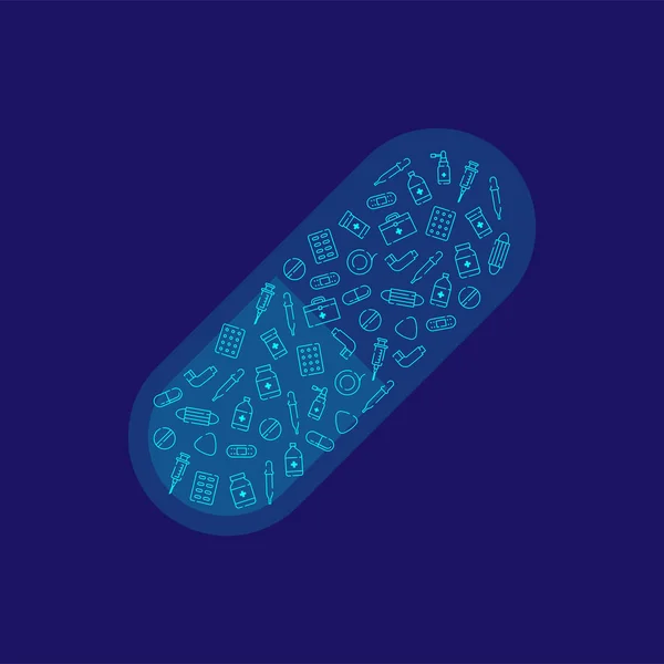 胶囊形状轮廓的医学与设备图示笔画设置虚线设计插图在深蓝色背景下隔离 — 图库矢量图片