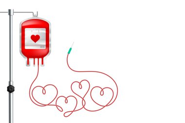 Kan torbası kırmızı renk ve aşk kalp şekli kordon illüstrasyon, kopya alanı ile beyaz arka plan üzerinde izole Sevgililer konsept tasarımı yapılmış oturum