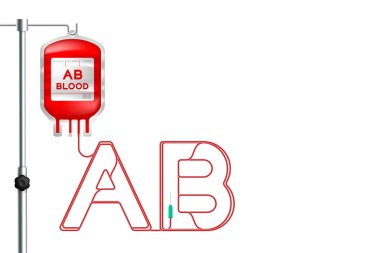 Kan torbası türü Ab kırmızı renk ve alfabe harf Ab kordon illüstrasyon, kopya alanı ile beyaz arka plan üzerinde izole kan nakli konsept tasarımı yapılmış şekil oturum açın