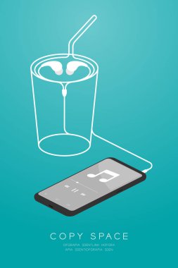 Smartphone siyah renk ve kulak kulaklık izometrik düz tasarım, kablo illüstrasyon izole kopya alanı ile yeşil degrade zemin üzerine yapılan buz kahve cam şekil yazın