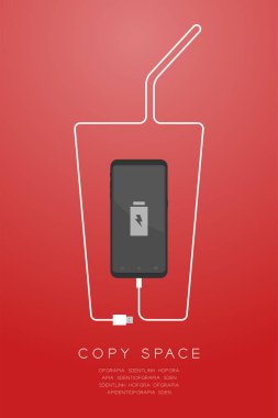 Smartphone siyah renk düz tasarım, usb şarj kablosu illüstrasyon izole kırmızı degrade arka plan üzerinde kopya alanı ile yapılan içecek cam şekil