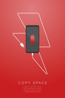 Smartphone siyah renkli düz düşük pil simgesi, usb şarj kablosu örnek yapılan thunderbolt şekli ile kırmızı degrade arka plan üzerinde kopya alanı ile izole