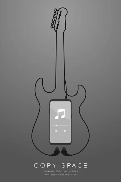 Smartphone Black Color Earphones Ear Type Flat Design Electric Guitar — Stock Vector