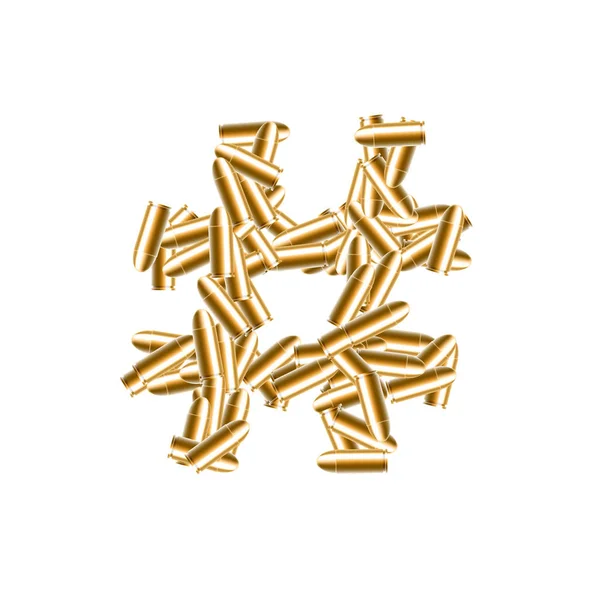 Alfabeto Símbolo Bala Definido Hashtag Sinal Cor Ouro Ilustração Design —  Vetores de Stock