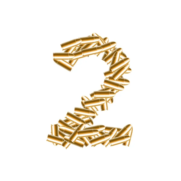 Lettera Numero Due Colore Oro Nell Alfabeto Proiettile Set Illustrazione — Vettoriale Stock