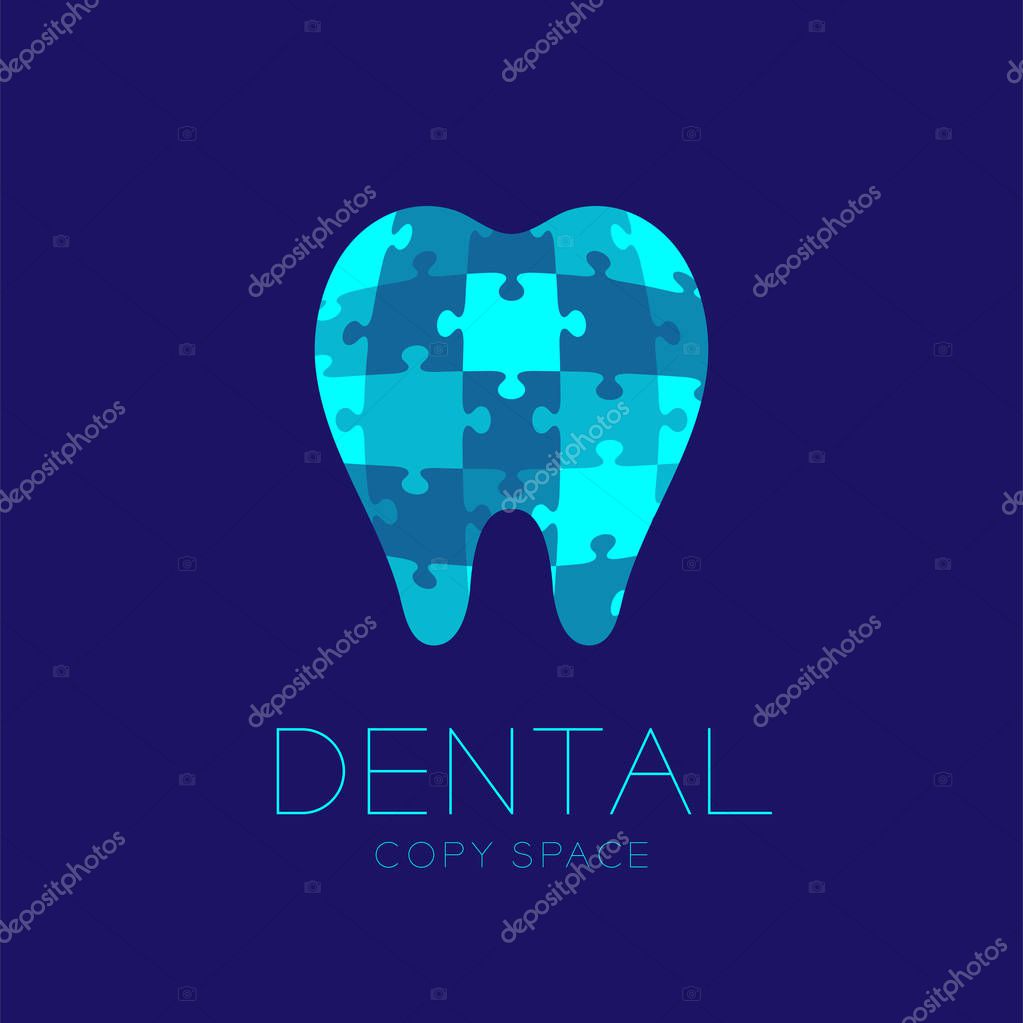Dental clinic logo icon tooth jigsaw puzzle design illustration isolated on dark blue background with dental text and copy space