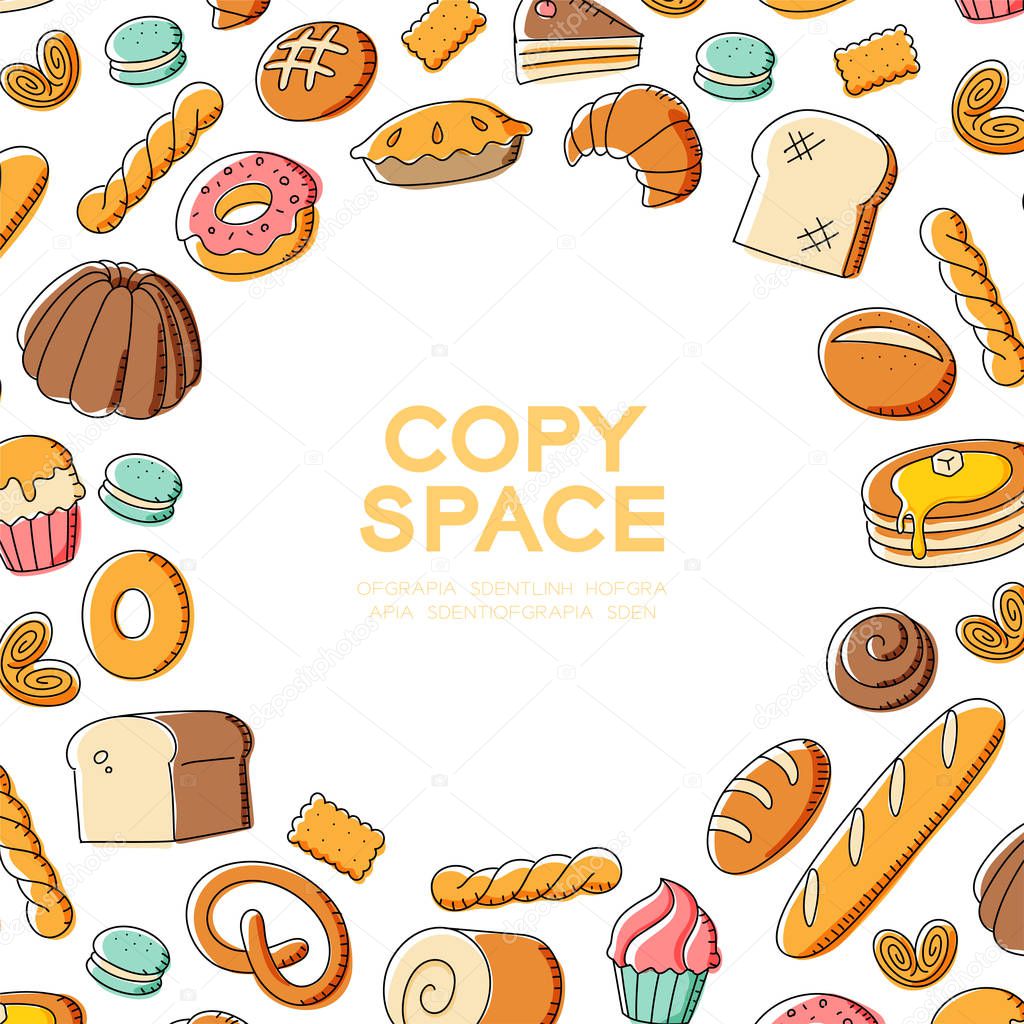 Bakery kids hand drawing set pattern background illustration colorful isolated on white color background, with center copy space circle shape