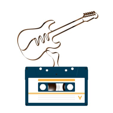 Kompakt ses Kaset koyu mavi renk ve elektro gitar şekli analog manyetik ses bandı illüstrasyon kopya alanı ile beyaz zemin üzerine yapılan