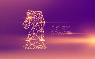 Satranç Knight tel kafes Çokgen fütüristik bokeh hafif çerçeve yapısı ve lens flare, iş stratejisi konsept tasarım illüstrasyon izole kopya alanı ile mor degrade arka plan üzerinde