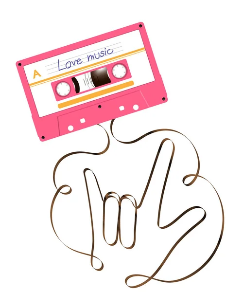 Kompakt Kassettband Rosa Färg Och Jag Älskar Dig Hand Teckenspråk — Stock vektor