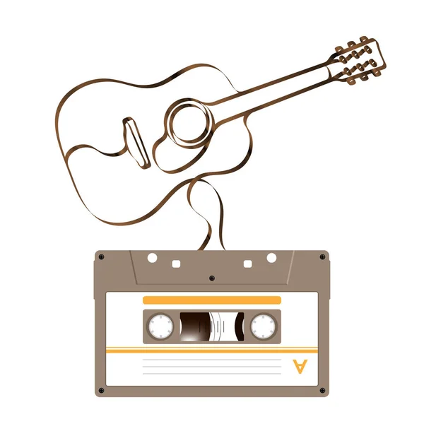 Compact Audio Cassette Green Color Acoustic Guitar Shape Made Analog — Stock Vector