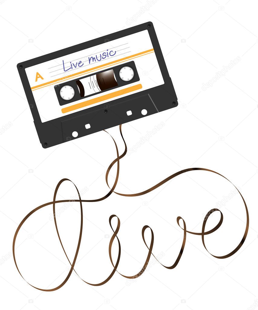 Compact audio cassette black color and live text made from analog magnetic audio tape illustration on white background, with copy space
