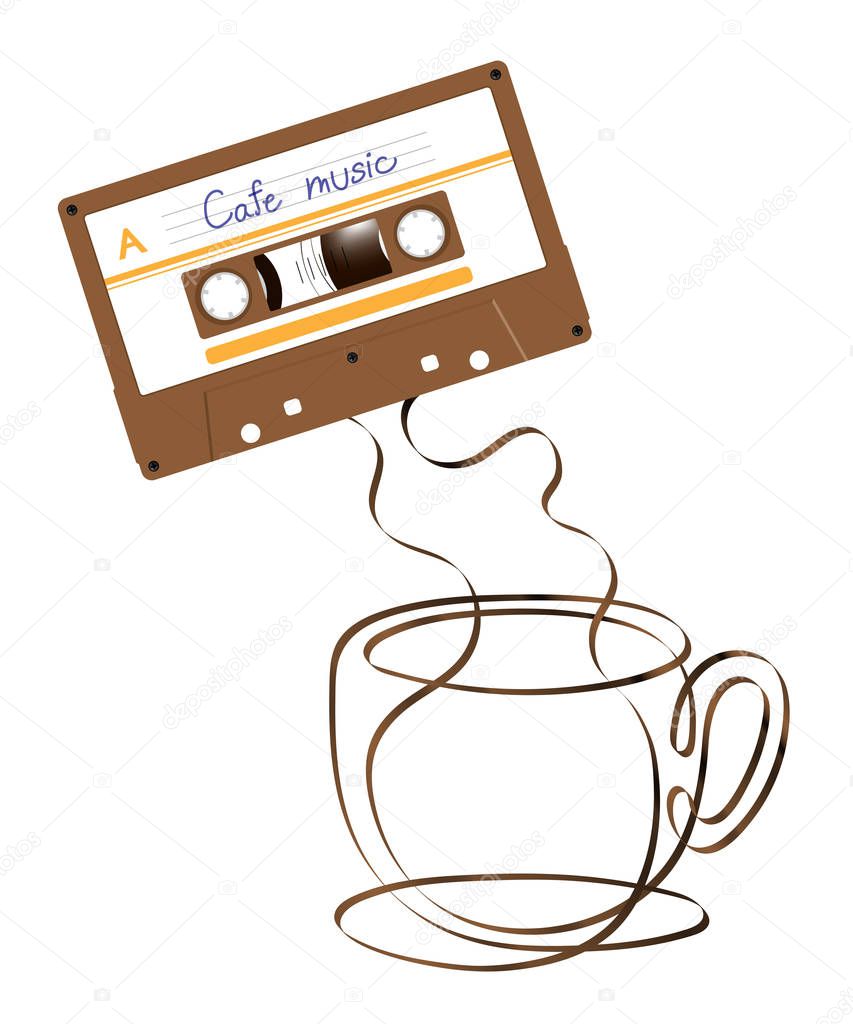 Compact audio cassette brown color and Coffee cup shape made from analog magnetic audio tape illustration, cafe music concept design on white background, with copy space