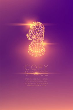 Satranç Knight izometrik tel kafes Çokgen fütüristik bokeh hafif çerçeve yapısı ve lens flare, iş stratejisi konsept tasarım illüstrasyon izole kopya alanı ile mor degrade arka plan üzerinde