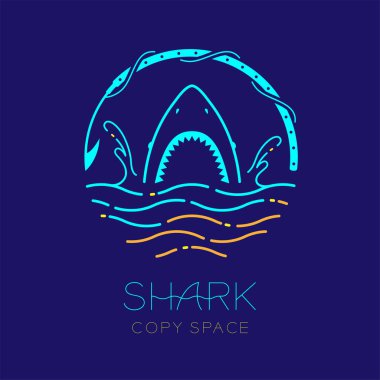 Köpekbalığı, wave, su sıçrama ve zıpkın şekil, logo simge anahat kontur set çizgi çizgi tasarım illüstrasyon izole köpekbalığı metin ve kopya alanı koyu mavi zemin üzerine