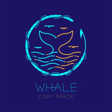 Balina kuyruğu, martı, dalga ve zıpkın daire çerçeve şekli, logo simge anahat kontur set çizgi çizgi tasarım illüstrasyon izole balina metin ve kopya alanı koyu mavi zemin üzerine