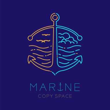 Çapa, martı, bulut ve dalga şekli, çizgi çizgi tasarım illüstrasyon izole deniz metin ve kopya alanı koyu mavi zemin üzerine logo simge anahattı kontur ayarla