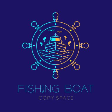 Balıkçı teknesi, balık, martı, dalga ve direksiyon simidi daire kare şekli logo simge anahat kontur ayarla ile tekne metin ve kopya alanı balıkçılık koyu mavi zemin üzerine izole çizgi çizgi tasarlamak