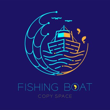 Balıkçı teknesi, balık, martı, dalga ve balık tutma net daire şekli logo simge anahat kontur çizgi çizgi tasarım illüstrasyon izole koyu mavi arka plan ve kopya alanı ayarla