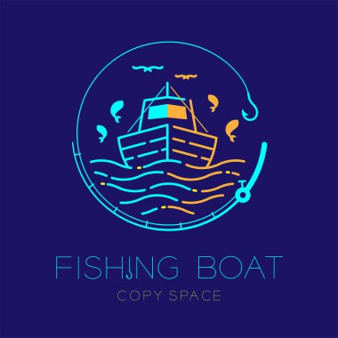 Balıkçı teknesi, balık, martı, dalga ve olta daire şekli logo simge anahattı kontur çizgi çizgi tasarım illüstrasyon izole koyu mavi arka plan ve kopya alanı ayarla