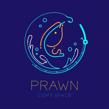 Karides veya karides, balık oltası daire şekli, su sıçrama ve hava kabarcık logo simge anahattı kontur çizgi çizgi tasarım illüstrasyon izole karides metin ve kopya alanı koyu mavi zemin üzerine ayarla