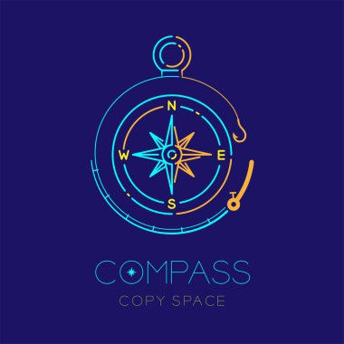 Pusula ve olta daire kare şekli logo simge anahat kontur çizgi çizgi tasarım illüstrasyon izole pusula metin ve kopya alanı koyu mavi zemin üzerine ayarla