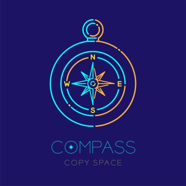 Pusula logo simge anahattı kontur çizgi çizgi tasarım illüstrasyon izole pusula metin ve kopya alanı koyu mavi zemin üzerine ayarla