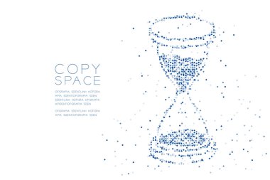 Soyut geometrik daire nokta piksel deseni 3d izometrik kum saati şekli, dijital uyarı mektubu kavramı mavi renk tasarlamak kopya alanı beyaz zemin üzerine, vektör