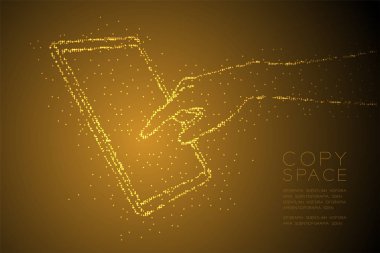 Soyut geometrik Bokeh daire nokta piksel deseni el dokunmatik ekran tablet şekil, dijital konsept tasarım altın rengi illüstrasyon izole kahverengi degrade arka plan kopya alanı, vektör eps 10 ile