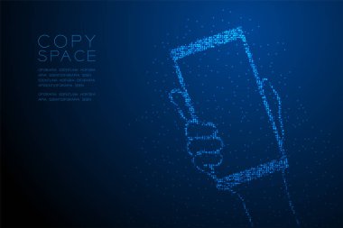 Soyut geometrik Bokeh daire nokta piksel deseni el smartphone şekil, ile Mavi degrade arka plan üzerinde izole dijital kavramı mavi renk tasarlamak tutan kopyalama alanı, vektör
