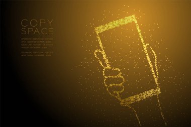 Soyut geometrik Bokeh daire nokta piksel deseni smartphone şekil tutan el, dijital konsept tasarım altın renk illüstrasyon izole kahverengi degrade arka plan kopya alanı, vektör eps 10 ile