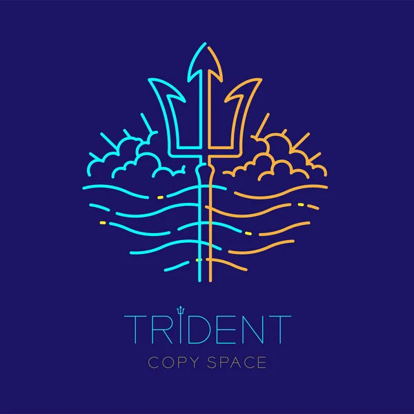 Trident, dalga ve bulut, çizgi çizgi tasarım illüstrasyon izole trident metin ve kopya alanı koyu mavi zemin üzerine logo simge anahattı kontur ayarla