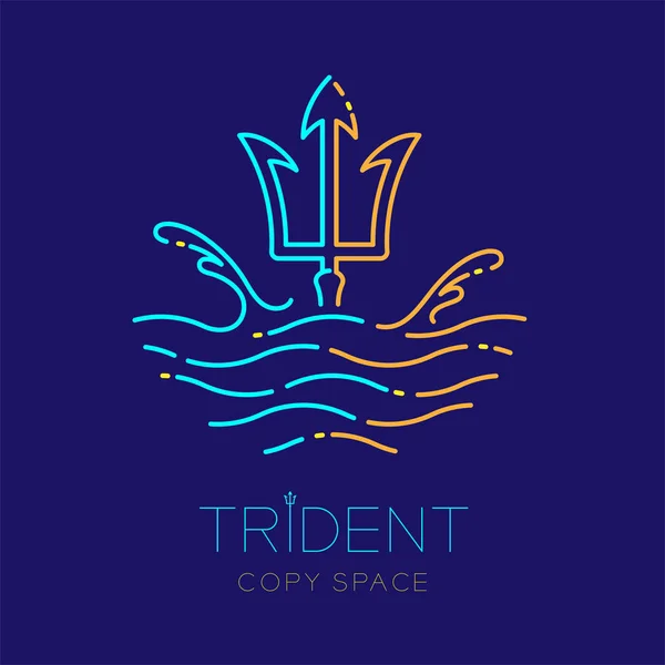 Trident, dalga ve su sıçrama, çizgi çizgi tasarım illüstrasyon izole trident metin ve kopya alanı koyu mavi zemin üzerine logo simge anahattı kontur ayarla