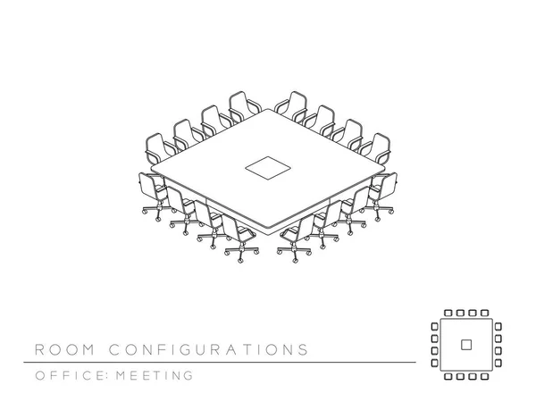 Configuración Disposición Sala Reuniones Conference Square Boardroom Style Perspectiva Isométrica — Vector de stock