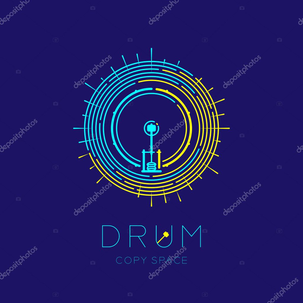 Bass drum, pedal with line staff circle shape logo icon outline stroke set dash line design illustration isolated on dark blue background with drum text and copy space