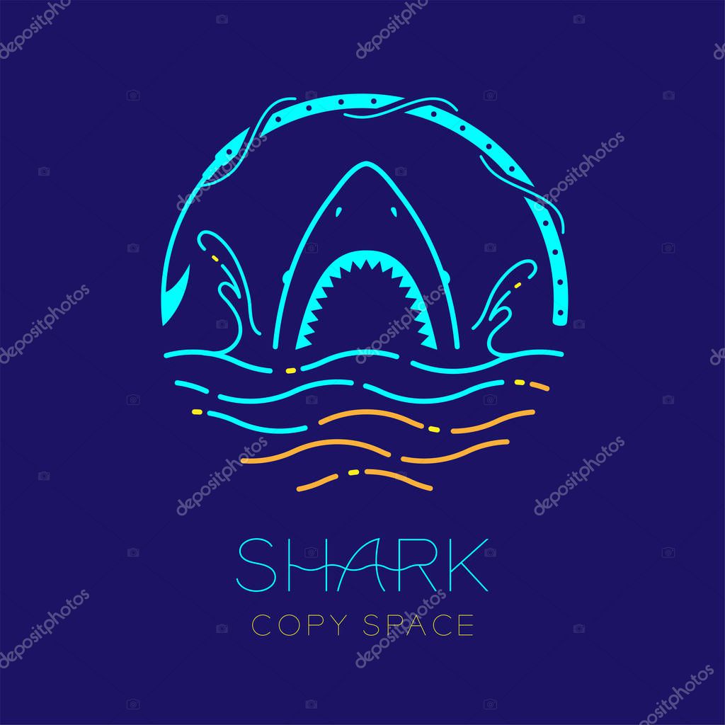 Shark, wave, water splash and harpoon shape, logo icon outline stroke set dash line design illustration isolated on dark blue background with shark text and copy space