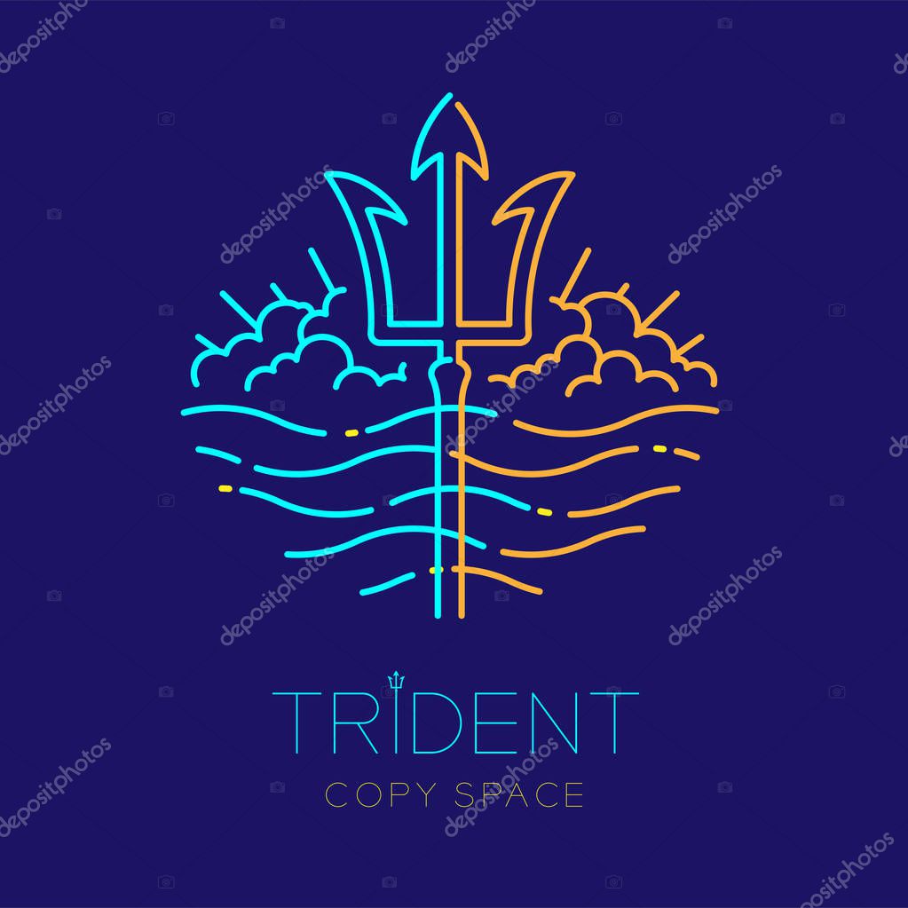 Trident, wave and cloud, logo icon outline stroke set dash line design illustration isolated on dark blue background with trident text and copy space