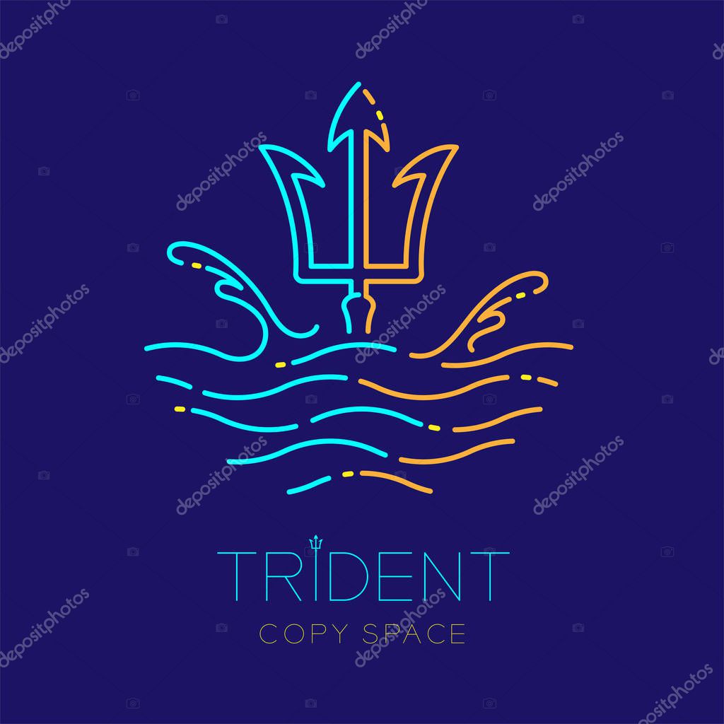 Trident, wave and water splash, logo icon outline stroke set dash line design illustration isolated on dark blue background with trident text and copy space