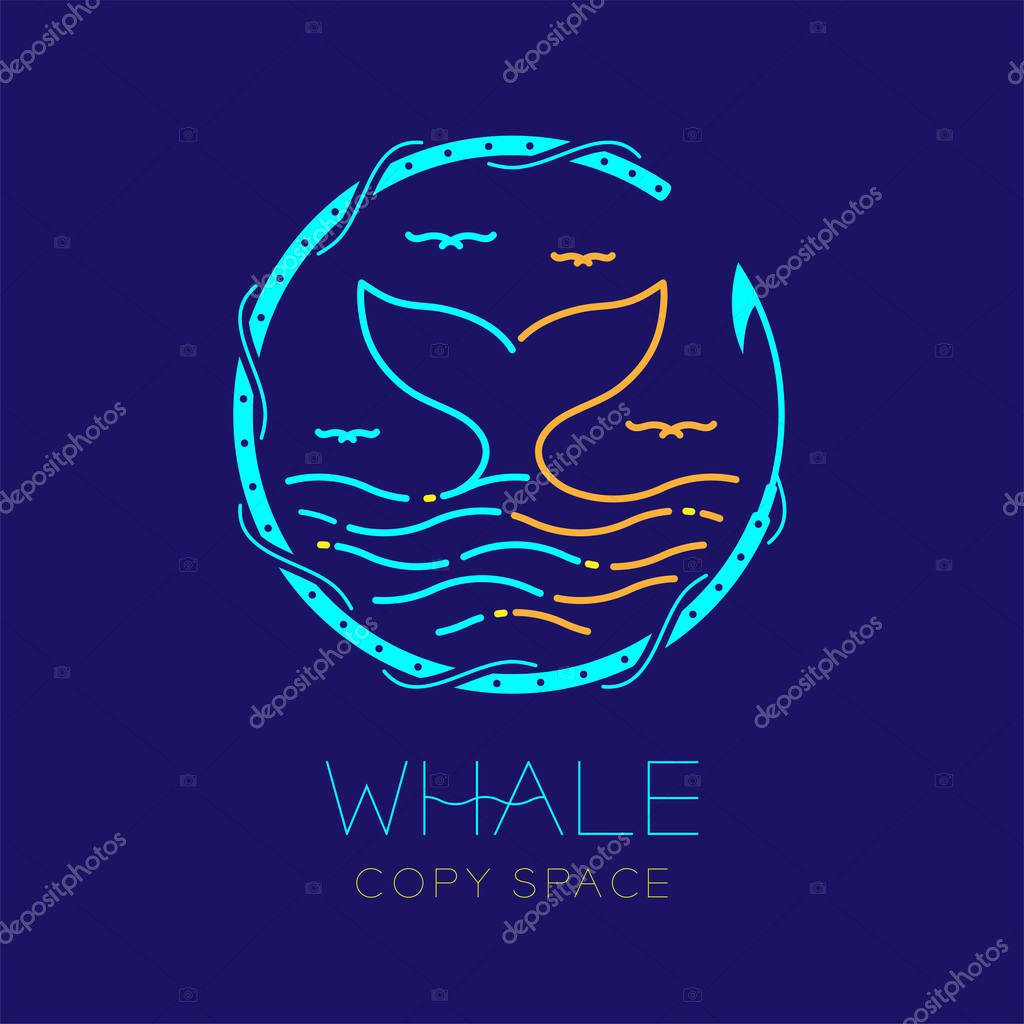 Whale tail, seagull, wave and harpoon circle frame shape, logo icon outline stroke set dash line design illustration isolated on dark blue background with whale text and copy space