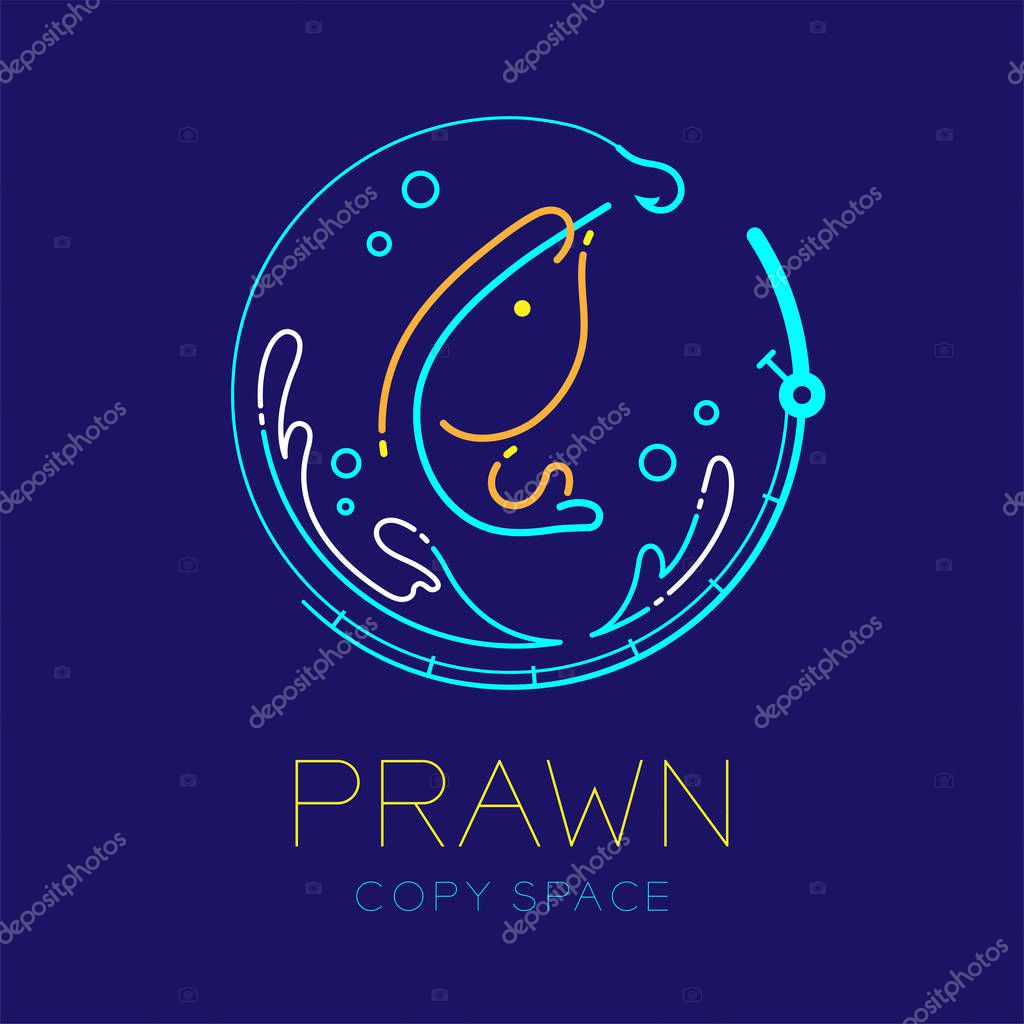 Prawn or shrimp, Fishing rod circle shape, Water splash and Air bubble logo icon outline stroke set dash line design illustration isolated on dark blue background with prawn text and copy space