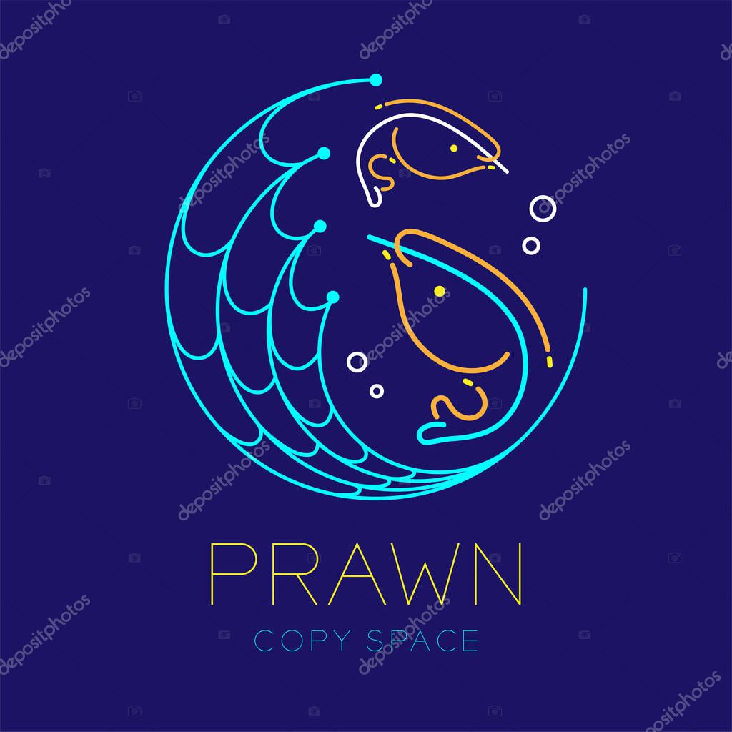 Prawn or shrimp, Fishing net circle shape and Air bubble logo icon outline stroke set dash line design illustration isolated on dark blue background with prawn text and copy space