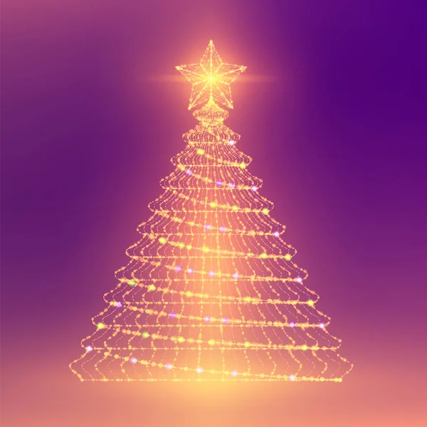 Weihnachtsbaum Mit Stern Wireframe Polygon Bokeh Leuchtrahmen Struktur Und Linsenschlag — Stockvektor