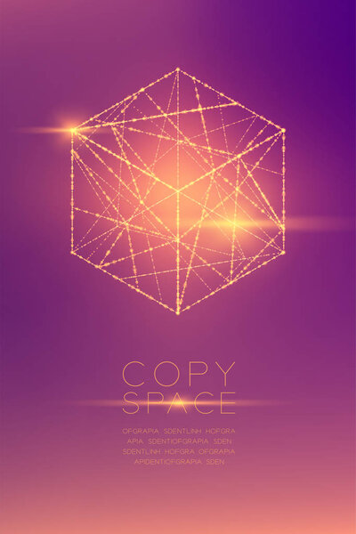 Cube box isometric wireframe polygon bokeh light frame structure and lens flare, Blockchain cryptocurrency concept design illustration isolated on purple gradient background with copy space