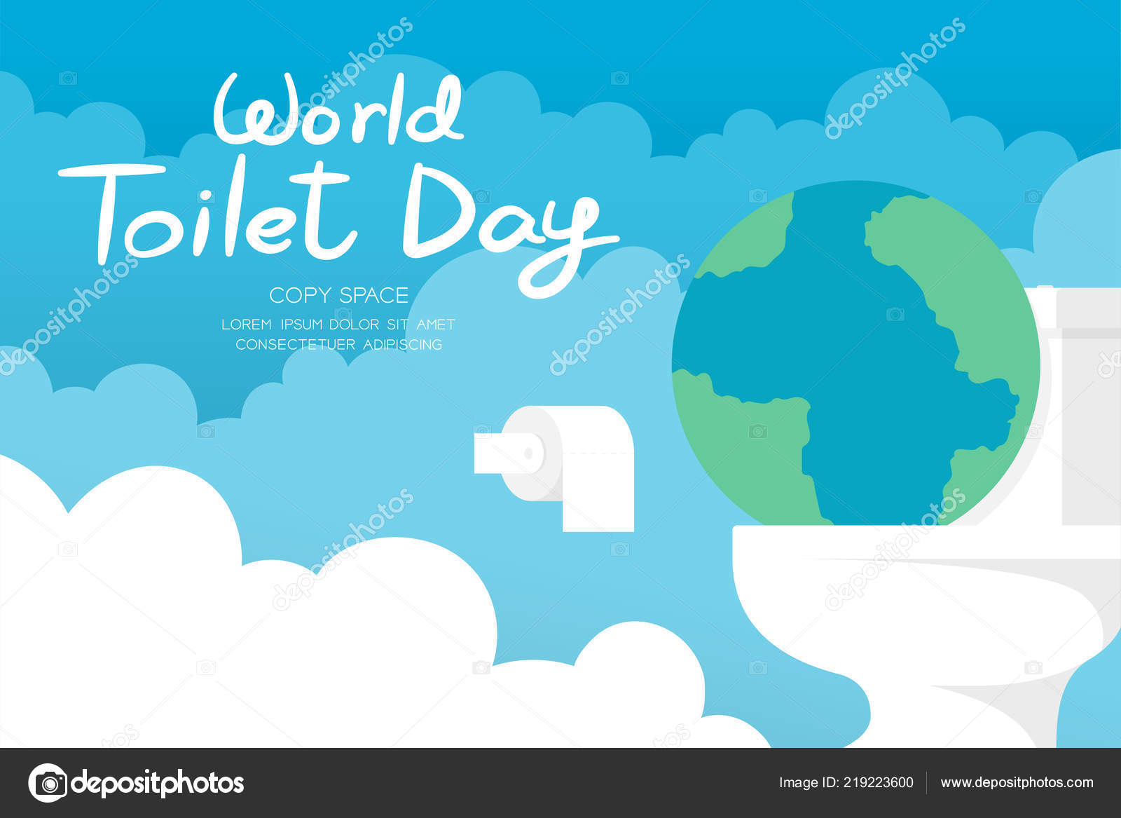 世界厕所日11月19日地平线横幅设置卫生问题概念地球与冲洗厕所例证在天空和云背景与复制空间eps 图库矢量图像 C Paitoon Pati