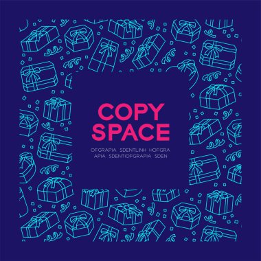 Hediye kutusu simgesini çocuklar çizim set desen arka planda kare çerçeve illüstrasyon koyu mavi renk zemin, merkezi kopya alanı, vektör eps 10 üzerine izole el