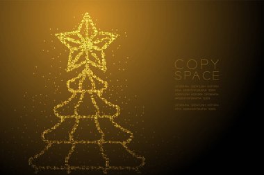 Soyut geometrik Bokeh daire nokta piksel deseni ile Noel ağacı yıldız şekli, mutlu yeni yıl kutlama konsept tasarım altın rengi illüstrasyon kahverengi degrade arka plan kopya alanı ile